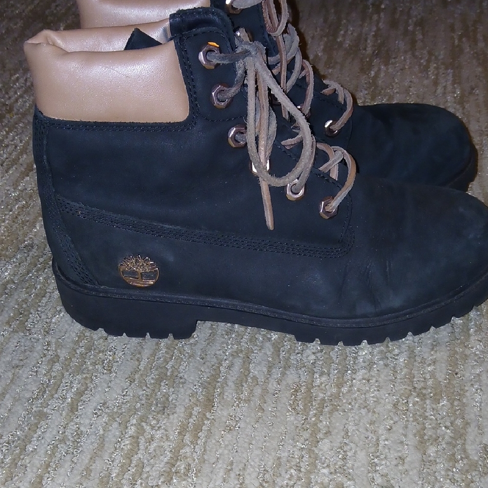 Timberland Premium 6 Inch Boots Blacl Suede And Rose Gold Trim Youth Sz: 6.5
